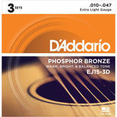 D'Addario Extra Light Phosphor Bronze Acoustic Guitar Set 10-47 3-Packs