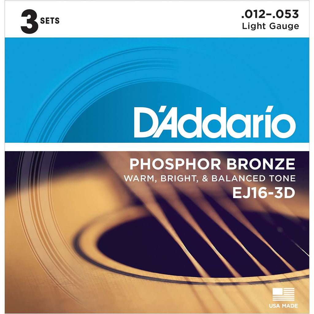 D'Addario Light Phosphor Bronze Acoustic Guitar Set 12-53 3-Pack