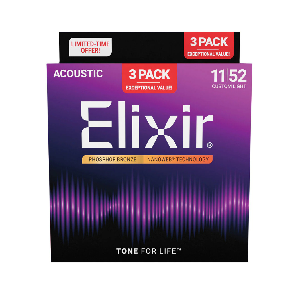 Elixir Phosphor Bronze 11-52 3-Pack Custom Light Gauge