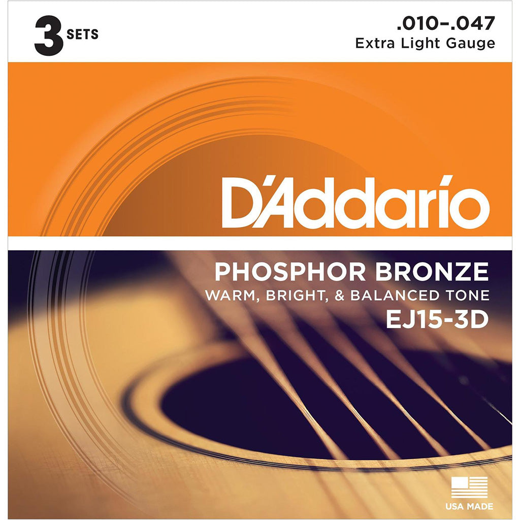 D'Addario Extra Light Phosphor Bronze Acoustic Guitar Set 10-47 3-Packs