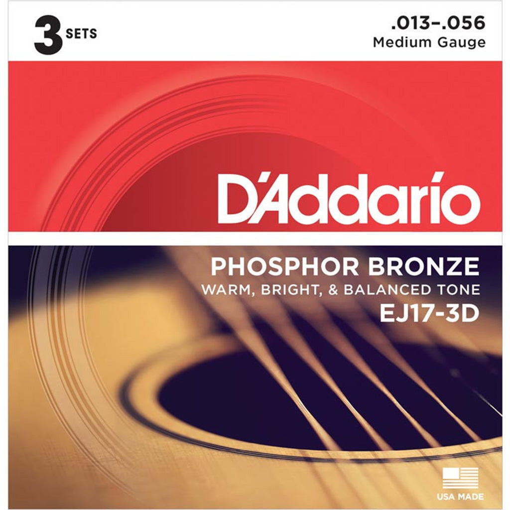 D'Addario Medium Phosphor Bronze Acoustic Guitar String Set 13-56 3-Pack