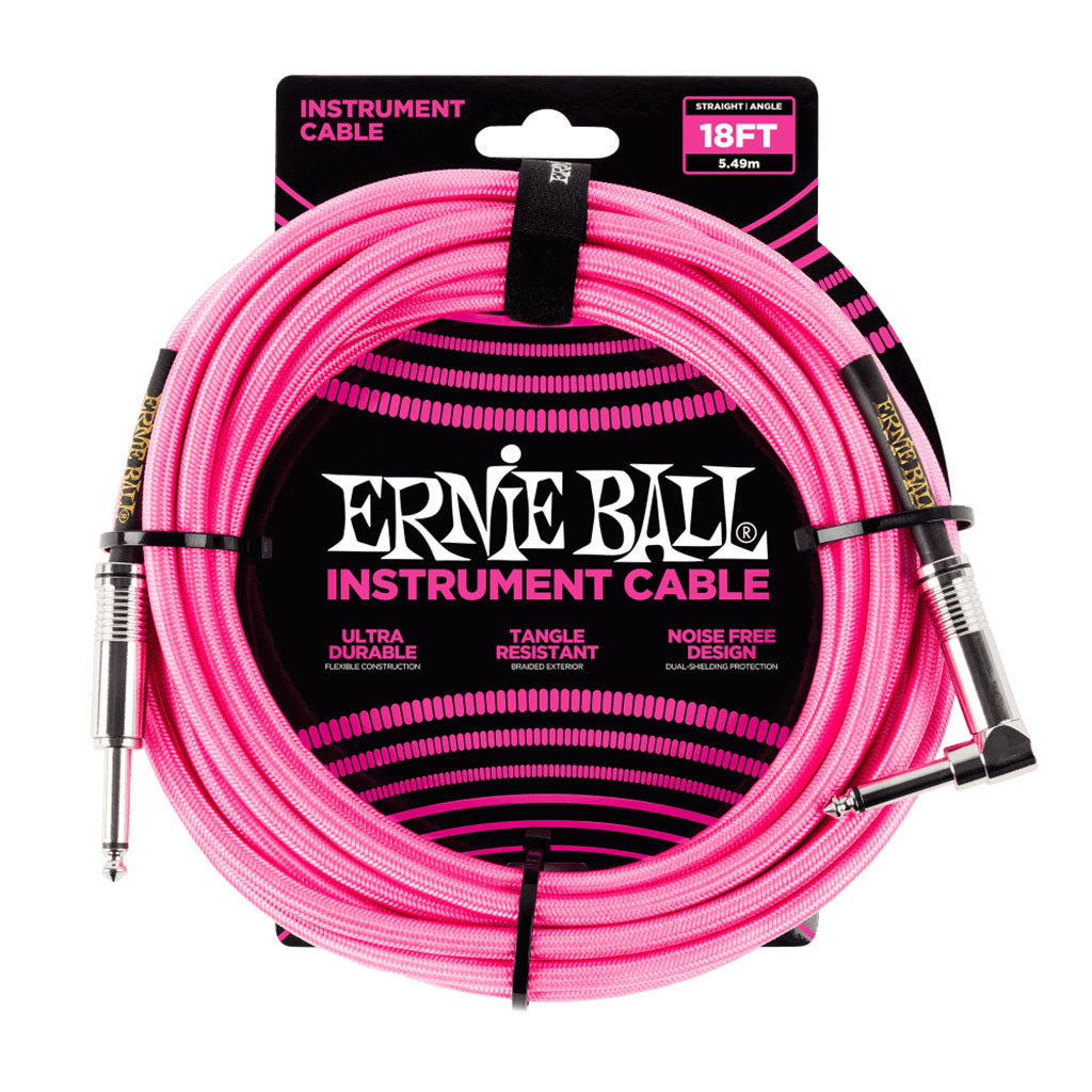 Ernie Ball Braided 18ft/5.5m Straight/Right Angled Instrument Cable In Neon PInk