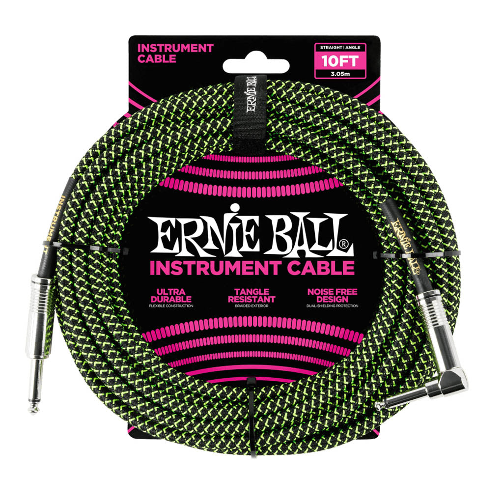 Ernie Ball 10ft/3m Braided Straight/Right Angle Cable In Black Green