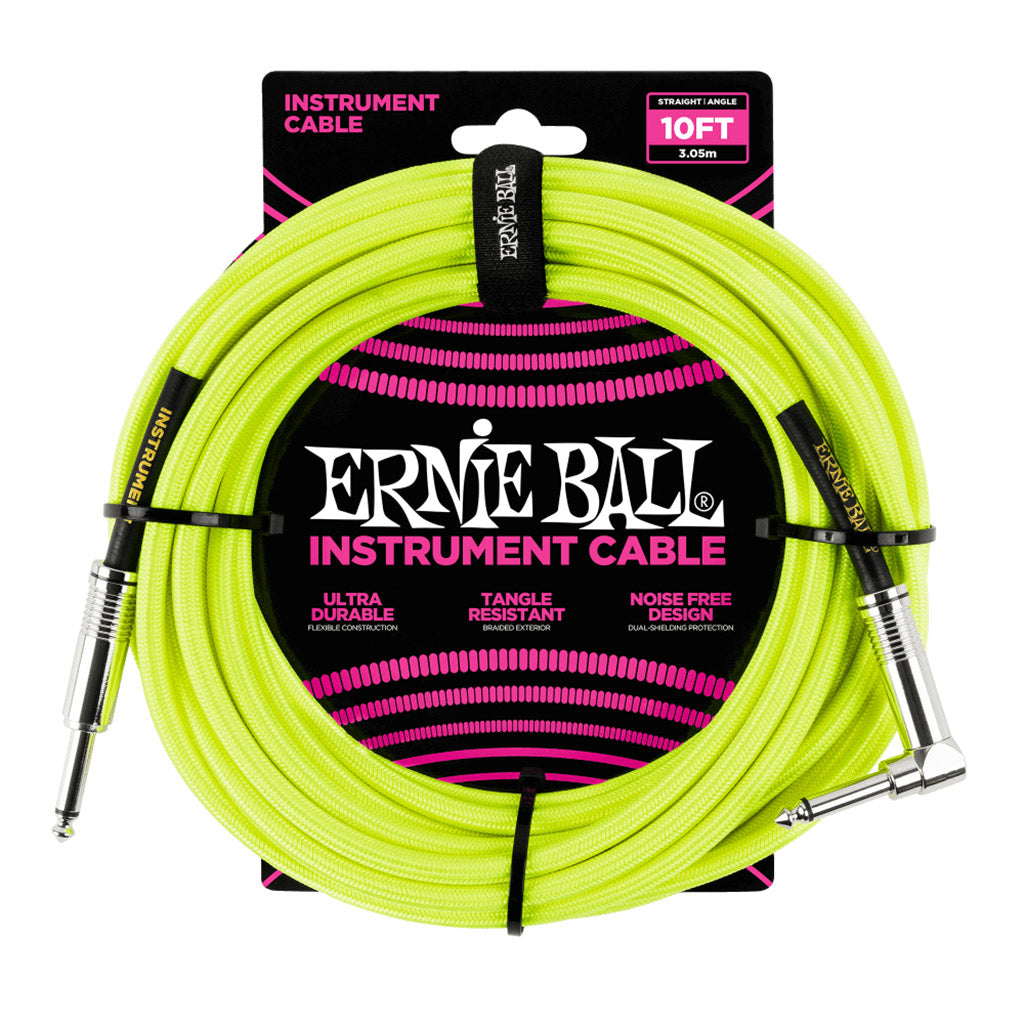 Ernie Ball 10ft/3m Braided Straight/Right Angled Jack Instrument Cable In Neon Yellow
