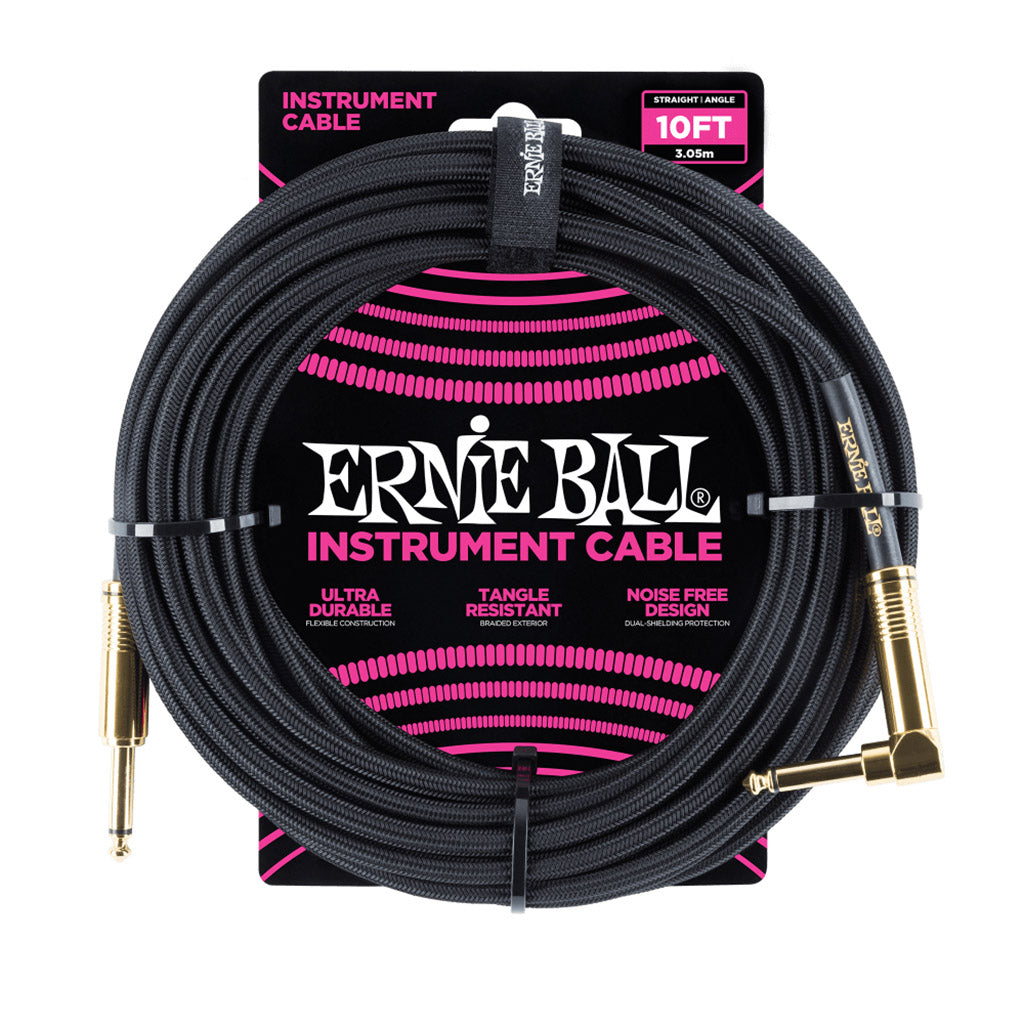Ernie Ball 10ft/3m Straight/Right Angled Braided Cable In Black With Gold Tips