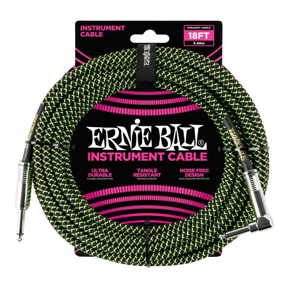 Ernie Ball Braided 18ft/5.5m Straight/Right Angled Instrument Cable In Black/Green