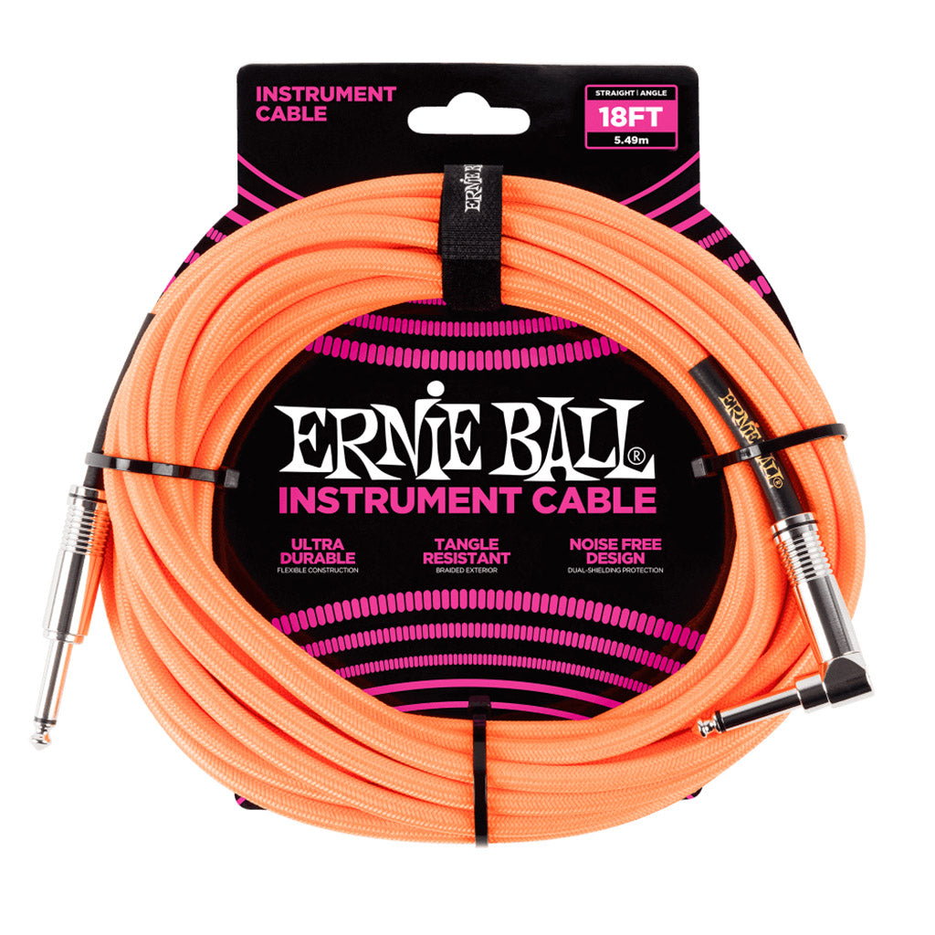 Ernie Ball Braided 18ft/5.5m Straight/Right Angled Instrument Cable In Neon Orange